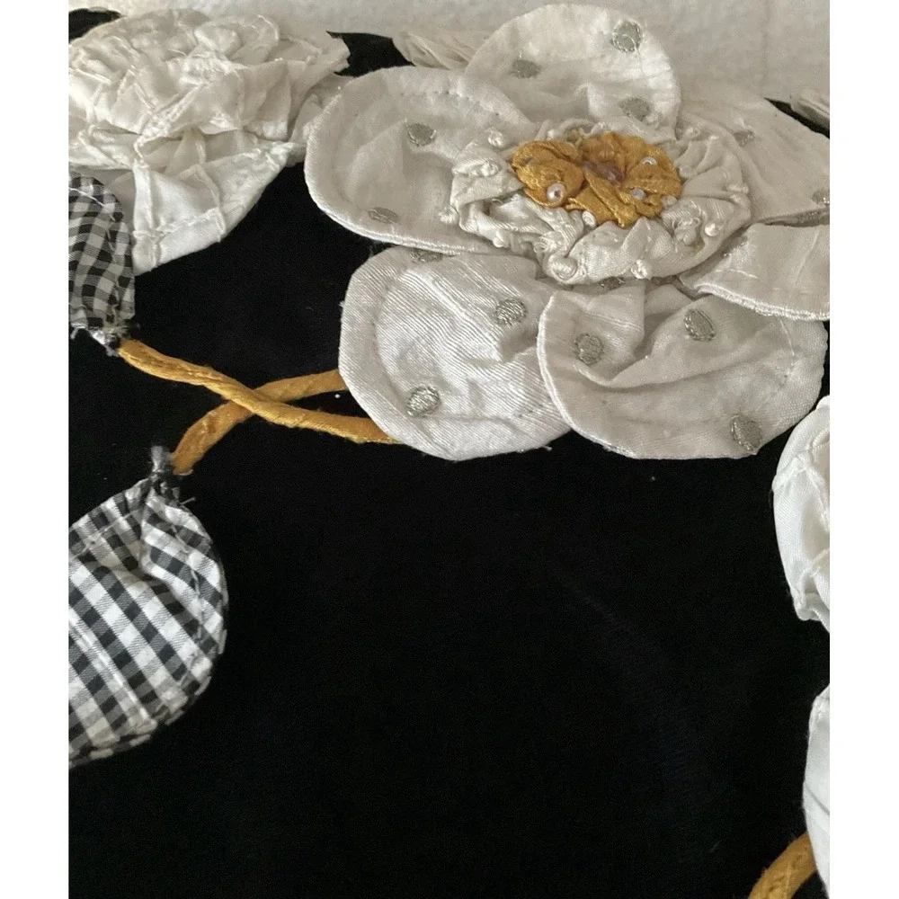 Mackenzie Childs Gardenia Square  Black Velvet Pillow, Raised Appliqué, 17 x 17